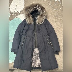 Soya & Kyo women winter coat, real fox fur hood. Size XS. Color navy blue.